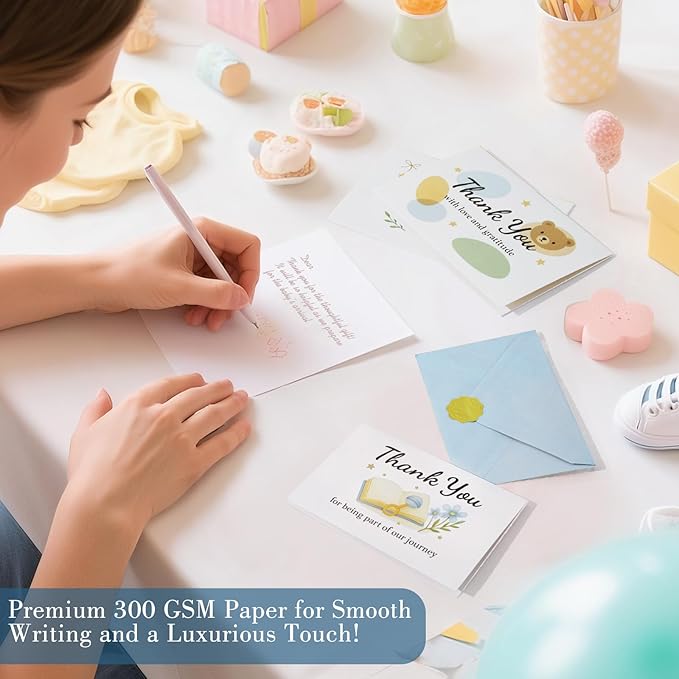 C2U Baby Shower Thank You Cards for Boy - 24 Pack with Envelopes & Gold Stickers,Baby Shower Greeting Cards Bulk for Newborn Party