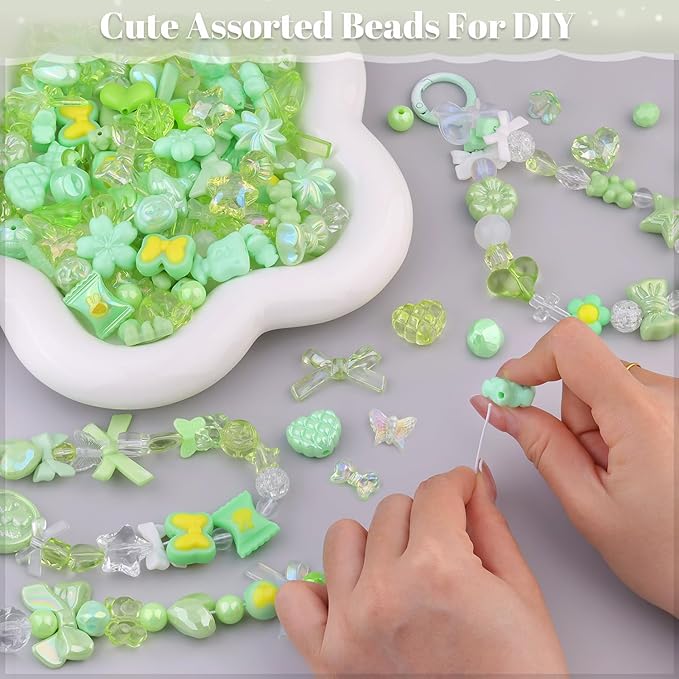 200-260PCS TINKRSTUFF Assorted Acrylic Beads Green Cute Beads for Bracelet Making, Bow Aesthetic GummyBear Flower Candy Butterfly Kawaii Charms for Jewelry Making DIY Necklace Keychain Phone Charm
