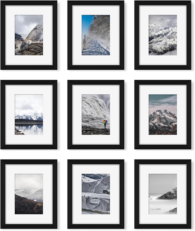 8x10 Picture Frame Set of 9, Display Pictures 5x7 with Mat or 8 x 10 Without Mat, Multi Photo Frames for Wall Mounting or Table Top Display, Black