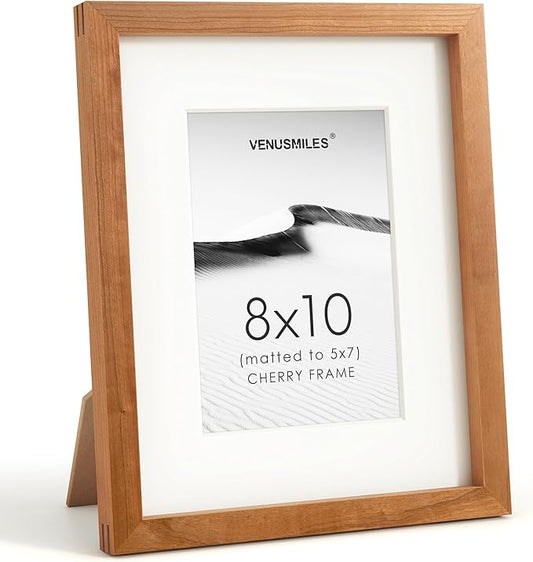 8x10 Picture Frame, USA-Sourced Natural Cherry Wood Photo Collage Frame with HD Tempered Glass, Modern Simple 8 x 10 Wooden Frame Matted to 5x7, Gallery Wall Frames for Art, Wall or Tabletop Display