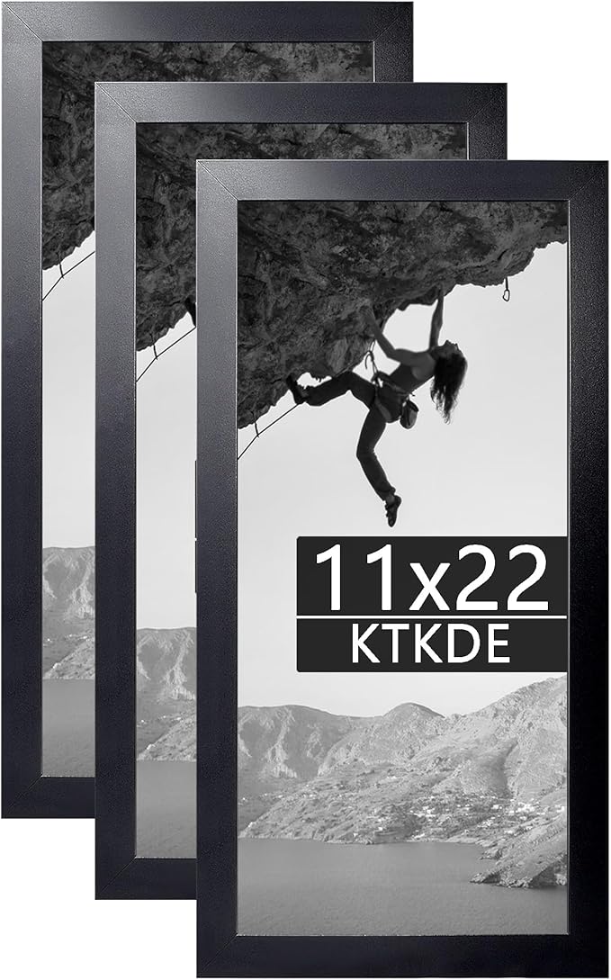KTKDE 11x22 Poster Frame Black Woodgrain set of 3,11 by 22 Newspaper Frame with Polished Plexiglass,Studio Gallery Vertical & Horizontal Wall Hanging Large Picture Frame for Photos