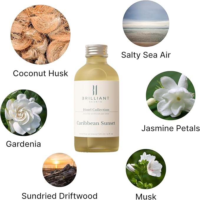 Brilliant Scents Caribbean Sunset Fragrance Oil 500ml - Premium Diffuser Oil for Home, Office, Hotels - Long Lasting, Plant-Based, Meets IFRA Standards, USA-Made - Coconut, Gardenia, Driftwood