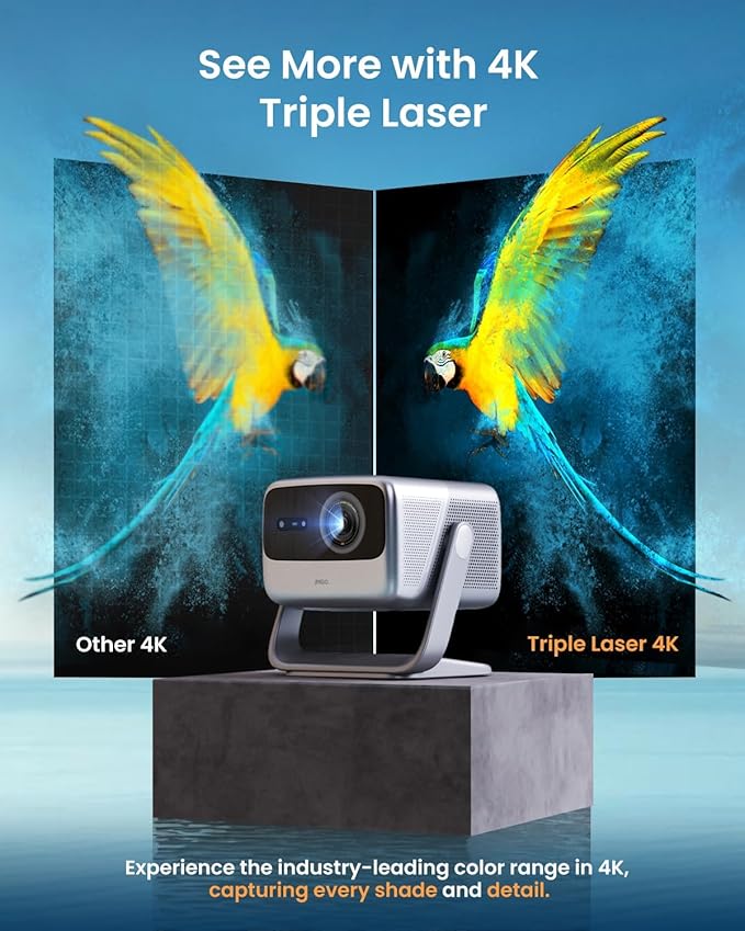 JMGO N1S Pro True 4K Triple Laser Projector, GTV, Netflix, 2250 ISO Lumens, Blu-ray 3D, Auto Focus, 300", 110% BT.2020, 1600:1 Contrast, HDR10, Dolby Digital Plus, 17ms Low Latency.