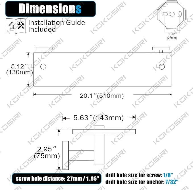 KOKOSIRI Bathroom Shelves Glass Floating Shelf 20-Inch for Bedroom Living Room Kitchen Hanging Rack Rustproof Wall Mounted Black 2 Pack B1105BK-L20-P2