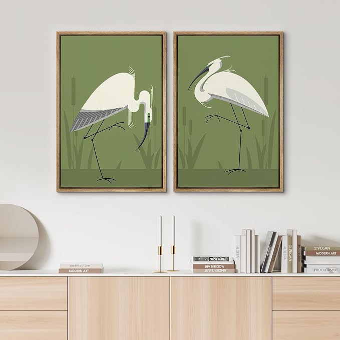 SIGNWIN Framed Canvas Print Wall Art Set Heron Bird Minimalist Egret Illustrations Modern Art Minimal Boho Colorful for Living Room, Bedroom, Office - 24"x36"x2 NATURAL