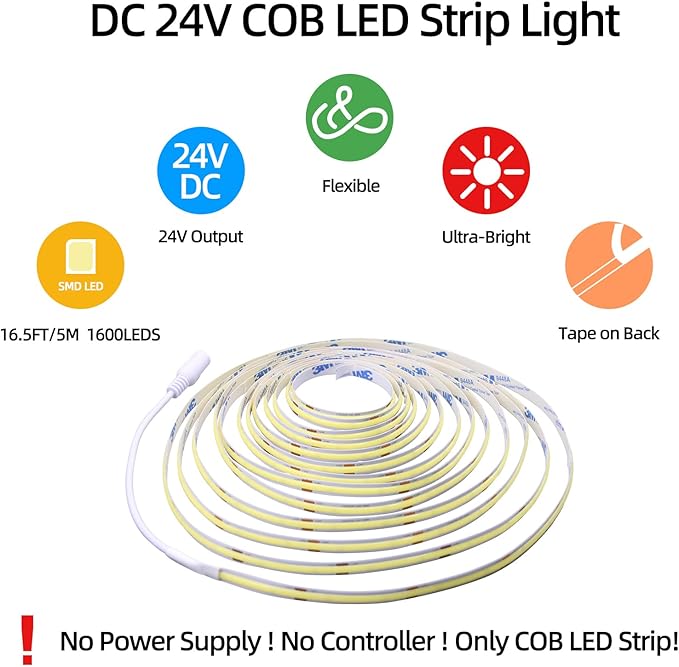 LED Strip Lights 24V Daylight White LED COB 6000K Super Bright LED16.4ft Dotless High Density Cuttable Flexible for Home DIY Commercial Lighting Projects 3 Pack (Power Supply & Dimmer Not Included)