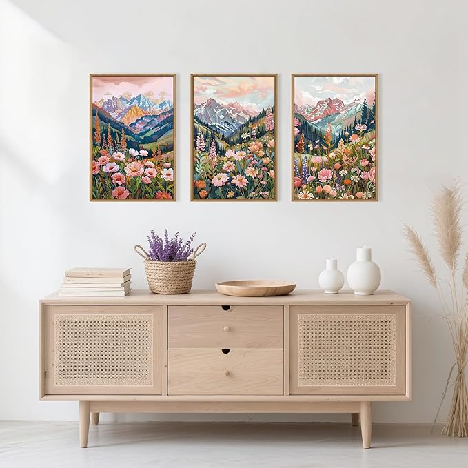 Boho Vibrant Mountain Wildflower Framed Canvas Wall Art Set,Colorful Natural Flower Forest Wall Decor,Modern Pink Floral Botanical Landscape Artwork for Living Room,Office,Farmhouse- 16"x24"x3