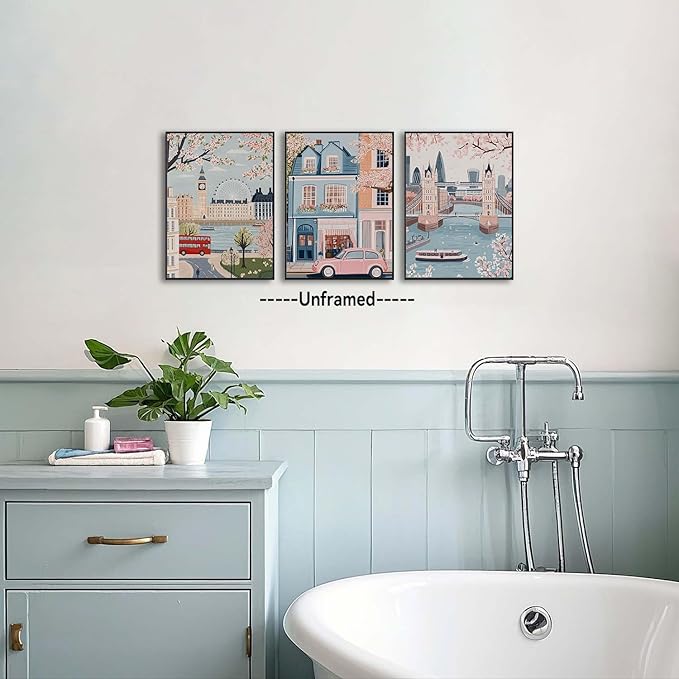 XLARTMY Watercolor City Landscape Travel Wall Art Canvas Framed Pink Cherry Flower Poster Girly Prints Painting Pictures Set of 3 for Bedroom Living Room Office 16x24in Unframed