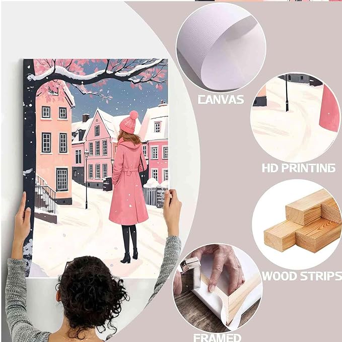 Framed Canvas Wall Art serene winter scene in a quaint village art print Christmas snow cosy winter's day 28x40in Wood Framed