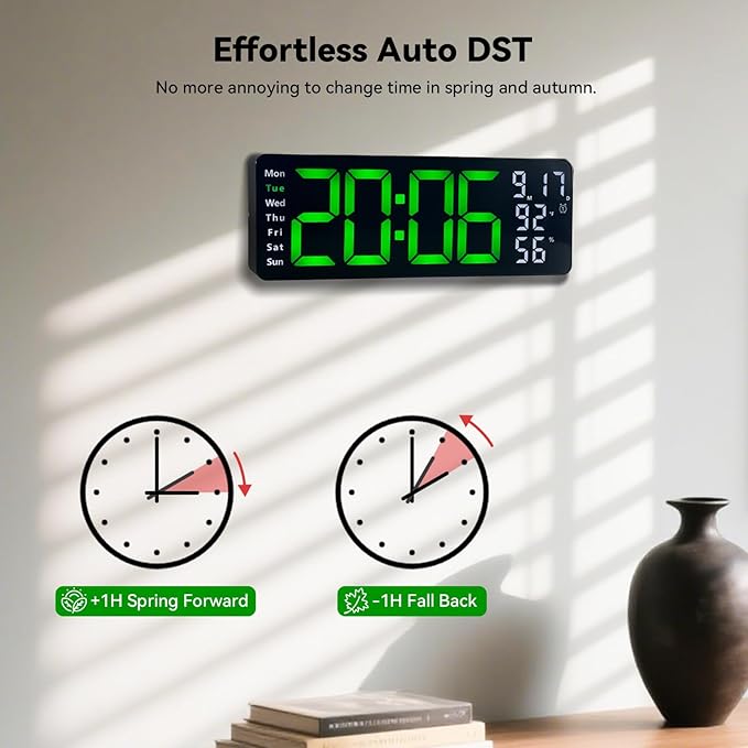 Digital Wall Clock Large Display, 17.3" Digital Clock with RGB Color Remote Control, Auto-Dimming Big Wall Clock with Night Light,Auto DST,Date Week,Temp for Home Decoration, for Elderly (Green)