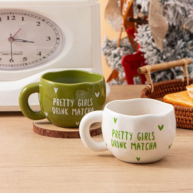 4pcs Cute Ceramic Coffee Mug, 9.4OZ White Green Porcelain Tea Mugs, Ceramic Cup Sets for Matcha Lovers, Dishwasher & Microwave Safe, Christmas Gift(Matcha)