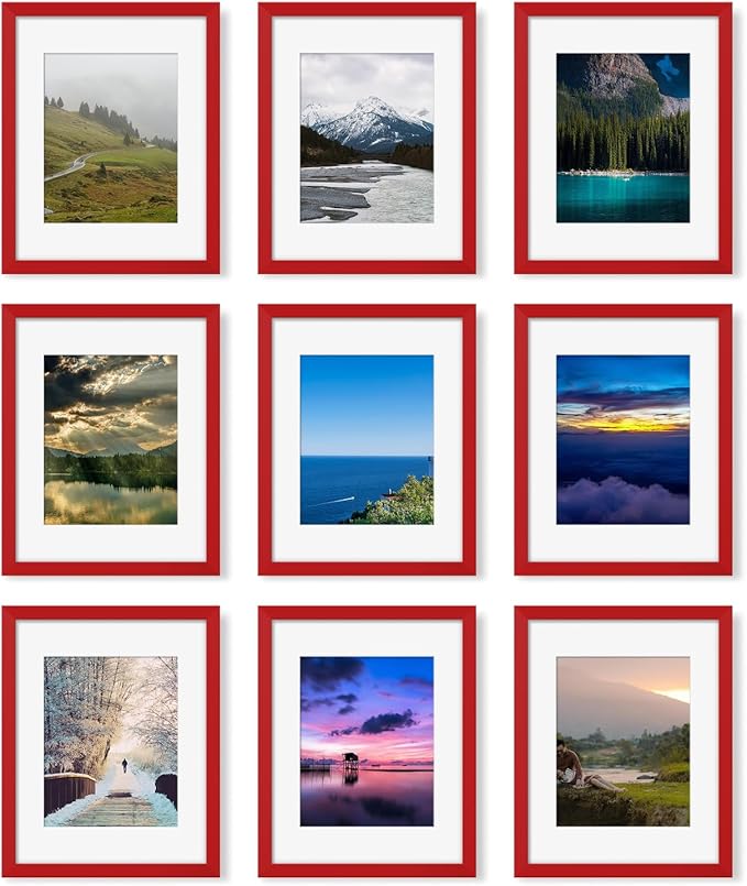 11x14 Picture Frame Set of 9, Photo Gallery Wall Frame Set, Display Pictures 8x10 with Mat or 11 x 14 Without Mat, Multi Photo Frames for Wall Mounting or Table Top Display, Red