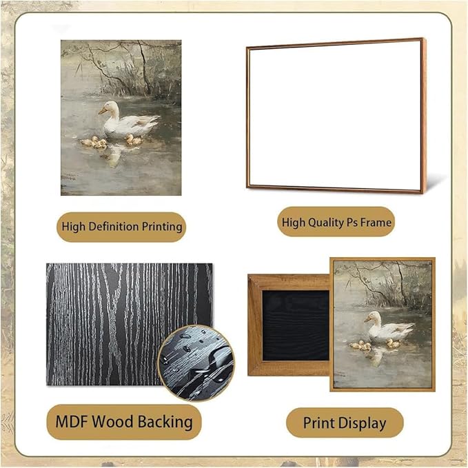 Djmwtb Vintage Framed Wall Art Duck Canvas Wall Art Prints Rustic Farmhouse Painting Pictures Wall Decor Artwork for Living Room Bedroom Bathroom Office 8x10in