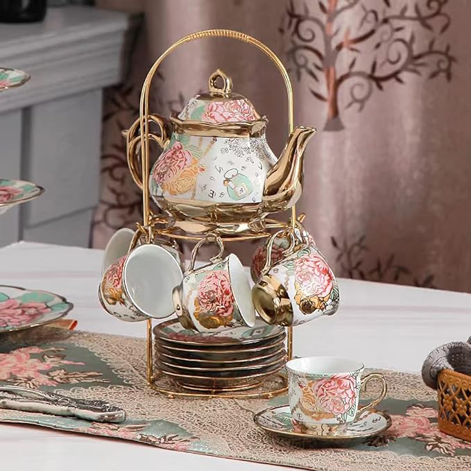 CHANJOON tea sets Gold Plated Red Rose Ceramic Tea Set, Vintage Teapot Tea Sets Beautiful Tea Set Coffee Serving 6 People (Golden, Medium)