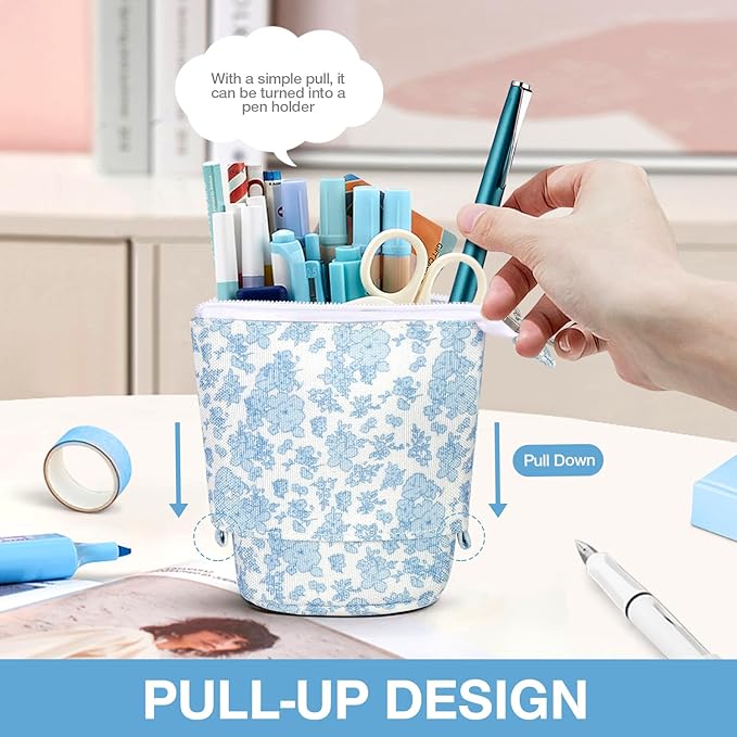 Cute Standing Pencil Case Pen Holder for Kids, Pop Up Stand UP Bubble Tea Pen Organizer Kawaii Stationary for Christmas Holiday New Year Office (Blue flowers)