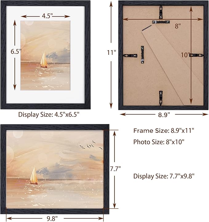 8x10 Picture Frame Black Set of 3, Solid Oak Wood Photo Frames 8 x 10 for Wall, Real Glass 8"x10" Frame with Stand, 8 by 10 Black Wood Frame, 8x10 Matted Frame for 5x7