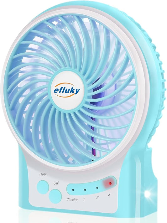efluky 3 Speeds Mini Desk Fan, Rechargeable Battery Operated with LED Light