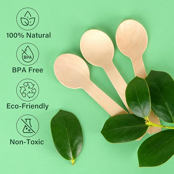 LotFancy 200 Mini Wooden Spoons, 4 Inch Length, Biodegradable Compostable Eco-friendly Birchwood Taster Spoons