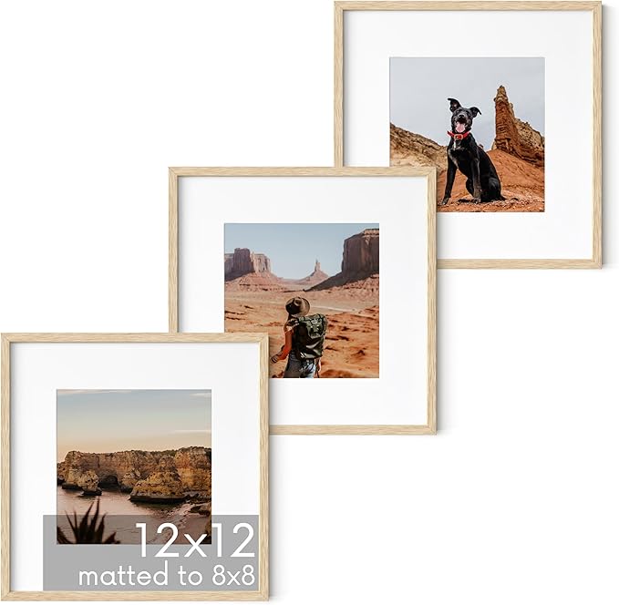 HAUS AND HUES Beige Oak Wood 12x12 Picture Frames - Set of 3, Square Frames with Mat, Minimalist Frames for Photos and Posters (12x12 in, Beige, Set of 3)