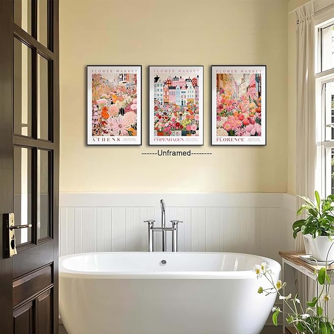 XLARTMY Flower Market Wall Art Print Canvas Pink Floral Painting Colorful Botanical Sunflower Artwork Travel Posters for Home Decor Pictures Set of 3 for Living Room Bedroom 16x24in Unframed