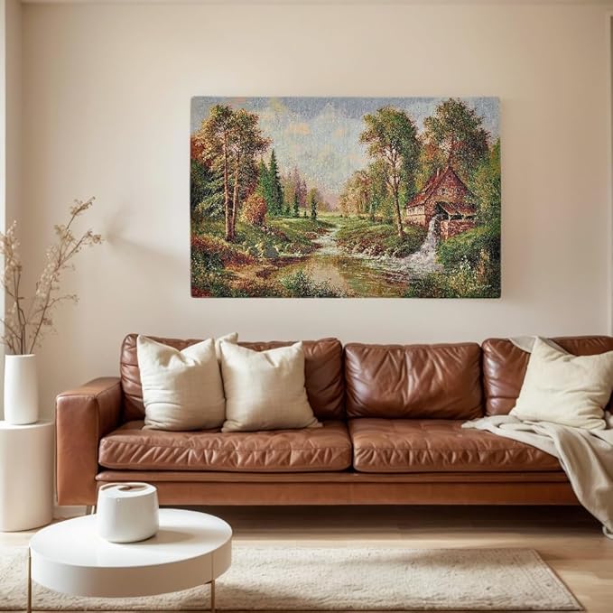 AureoMadis Vintage Woven Tapestry Wall Hanging | Lined Ludwig Fohlen Water Mill Fine Art | Rustic Forest Landscape Decor with Rod Pocket - 43" x 28.5"