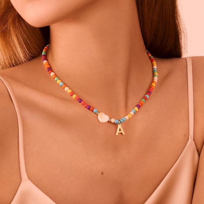 Ursteel Christmas Gifts for Teen Girls Women - Trendy Beaded Choker Necklace for Women Teenage Girls, Personalized Letter Initial Necklaces Christmas Gifts for Grandkids