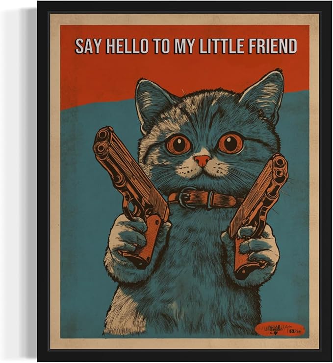 Say Hello Cat Art Poster Print, Cat Kitten Painting Humor Portrait Pet Artwork Decor Gallery A8 (11 x 14 inches, Black Frame)