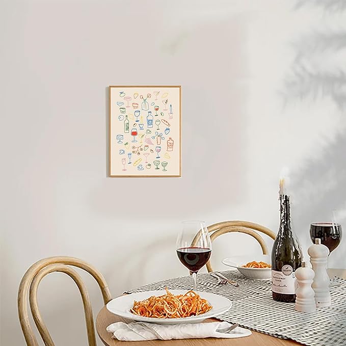 Uniro Vintage Kitchen Wall Art Print, Retro Dinner Table Prints Canvas Painting, Minimalist Food and Drinks Illustrations Poster, Maximalist Kitchen Gallery Wall Art for Apartment Decor, Bar Cart Art Print Decor - 8"x10"