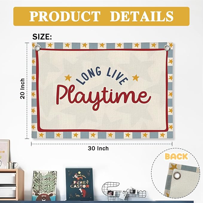Playroom Decor, Long Live Playtime Linen Canvas Banner,Kids Room Nursery with Star Pattern Wall Hanging Banner Flag Inspirational Decor for Toddler Boys Toy Room Bedroom,30x20 Inch