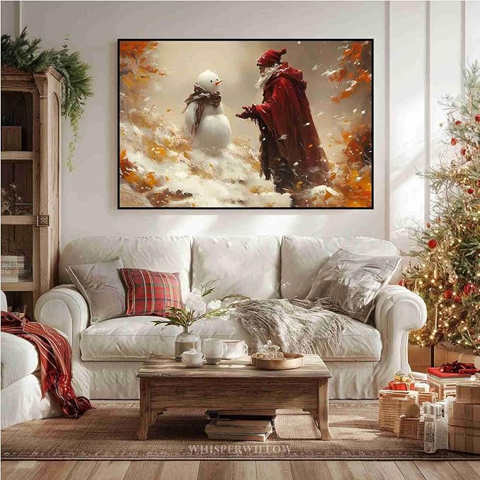 Vintage Christmas Canvas Painting Santa with Snowman Christmas Character Canvas Wall Art Holiday Winter Poster Indoor Decor for Home Offices Living Room Bedroom Dining Room Framed Ready to Hang