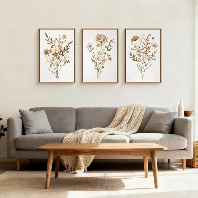 KAIRNE Neutral Boho Floral Wall Art Set of 3, Framed Vintage Botanical Flower Prints, Minimalist Wildflower Canvas Artwork, Modern Farmhouse Decor for Living Room Bedroom Office, 24×36inch