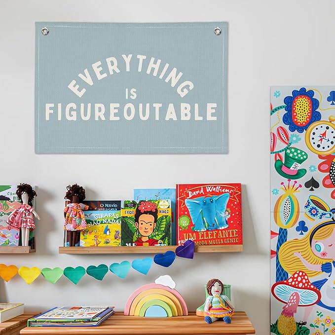 Everything is Figureoutable Inspirational Wall Decor, Motivational Classroom Decor, Classroom Wall Linen Canvas Banner Hanging Flag, 20x30 Inch - Blue