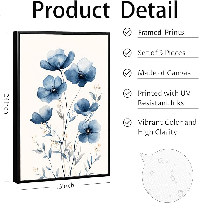 okudolit Navy Blue Wildflower Framed Canvas Wall Art Set Of 3 Flowers Pictures Prints Flowers Printing Floral Watercolors Flower wall Decor Living Room Bedroom Dinning Room Farmhouse Office-16 x24in