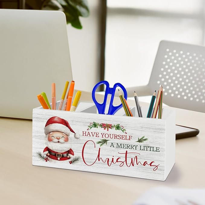 Christmas Santa Pen Pencil Holder Organizer for Desk Accessories, Winter Xmas Santa Claus Holiday Wooden Box Sign Desk Decor for Home Office Decoration, Christmas Office Decor