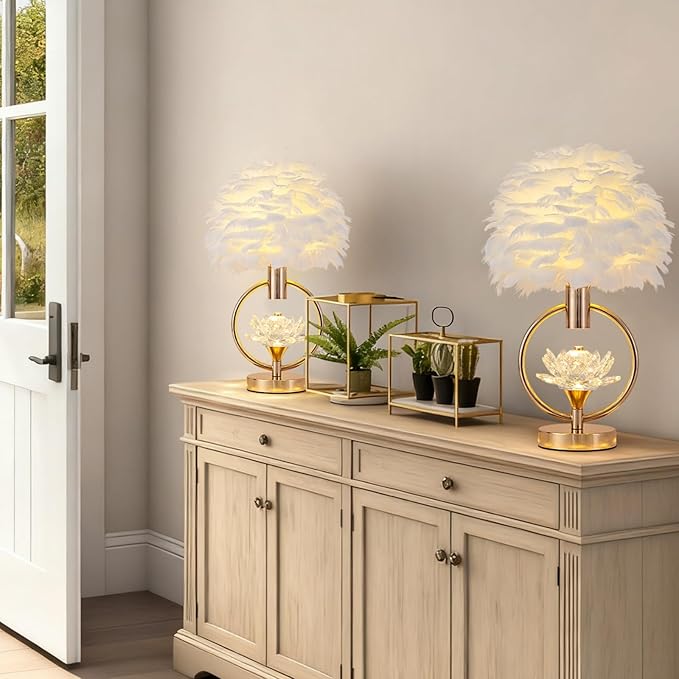 ZYLEIESENBAO Chic White Feather Lamp 17IN Modern Crystal Fluffy Table Lamp Cute Romantic Bedside Nightstand Light Nordic Desk Lamp for Girl Bedroom Living Room Entry Office Wedding Christmas Gift