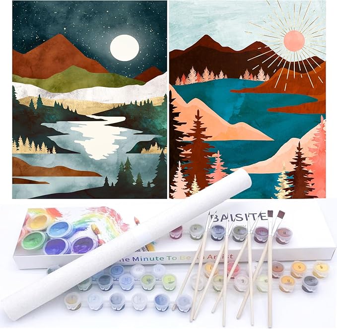 BAISITE Paint by Numbers Kit for Adults Beginners,12" Wx16 L 2 Pack Canvas for Painting Kits for Adults in Colorful Box-Sunrise Lake Mountains 6970