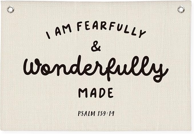 Kids Room Decor - Bible Verse Wall Hanging, 'I am Fearfully and Wonderfully Made' Linen Banner, Canvas Decoration for Classroom, Nursery, Kids Room