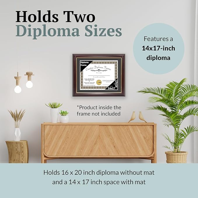 Creative Picture Frames 14x17 Mahogany Gold Rim Diploma Frame with Black Mat Glass and Installed Wall Hangers | Frame Holds 16x20 Media without Mat