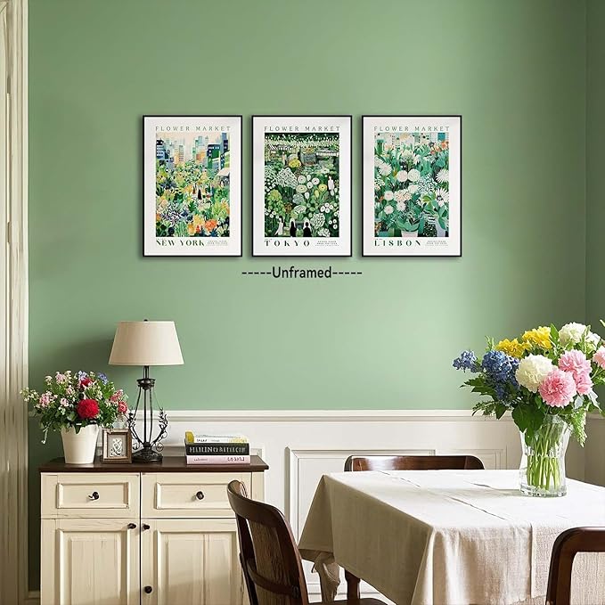 XLARTMY Flower Market Wall Art Prints Canvas Green Yellow White Floral Paintings Colorful Botanical Travel Flower Posters for Home Decor Pictures Set of 3 for Living Room Bedroom 16x24in Unframed