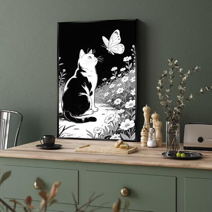 Cats Butterflies in Flowers Canvas Poster Vintage Minimalist Nature Wall Art Trendy Black White Aesthetic Painting Prints Modern Animal Home Decor for Bedroom Living Room 20x30inch Metal Black Framed