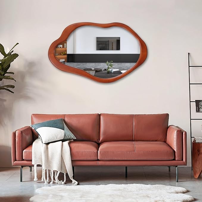 32"x 20" Wavy Cloud Mirror Irregular Wall Mirror with Wood Frame, Modern Decorative with Hanging Hooks, Asymmetrical for Bedroom Living Room Entryway Walnut Color