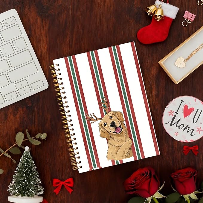 Exqcom Christmas Golden Retriever Spiral Notebook Gifts, Golden Retriever Lover Gifts Journal for Women, Striped Funny Dog Hardcover Notebook Journal Office School Supplies, 5.5x8.3 Inch