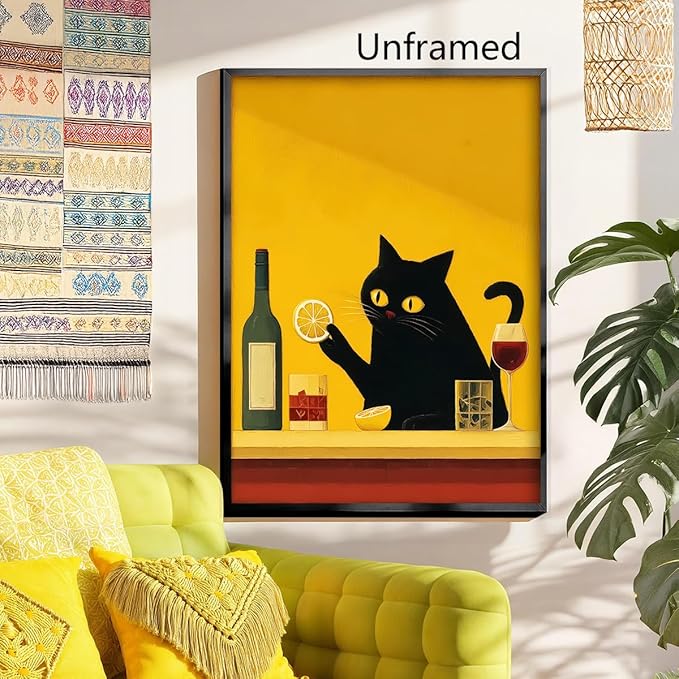 Black Cat Bartender Canvas Wall Art, Cute Cat Portrait Cocktail Poster, Trendy Bar Cart Wall Decor, Whimsical Animal and Alcohol Oil Painting, Home Bar Man Cave Art Print 12x16in Unframed