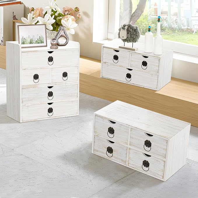 Wood Desk Organizer with Drawer, White Wooden Desktop Organizer, Tabletop Storage Organization Box for Countertop, Home Office Supplies (3 Drawer and Shelf)