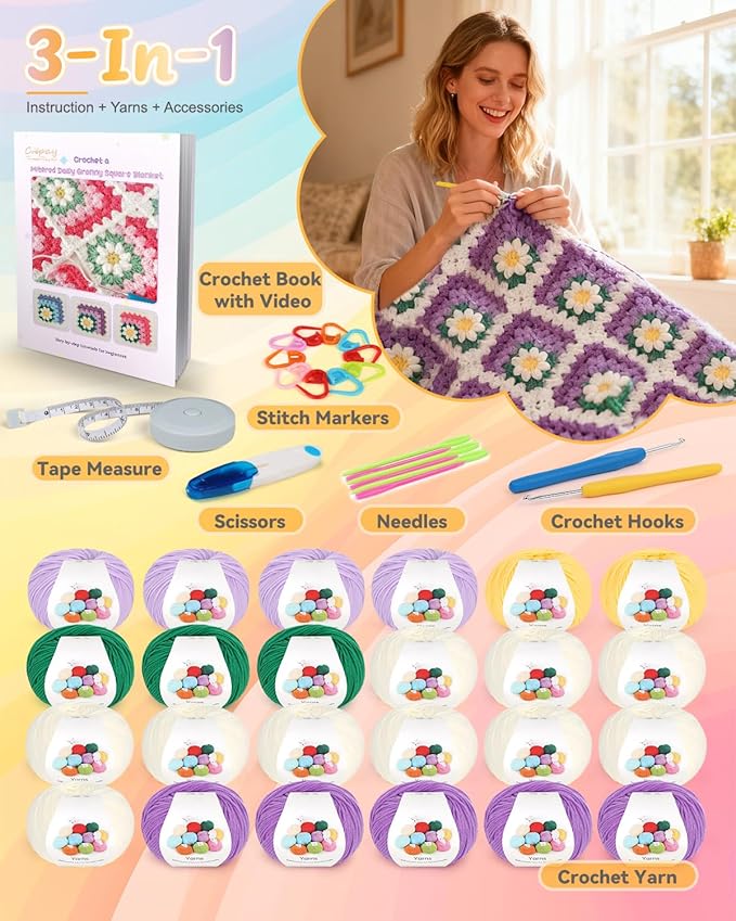 Coopay Blanket Crochet Kit for Beginners, All-in-One Granny Square Blanket Kit with Step-by-Step Video & Enough Yarns - Master 3D Granny Square Crocheting Easily, Ideal Gift for Craft Lovers (Purple)