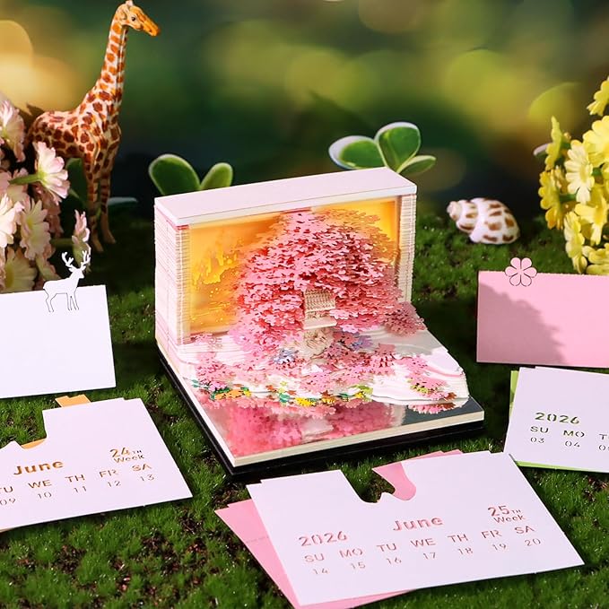 3D Calendar 2026, Flower Sea and Tree Island Time Piece Calendar 2026, Daily Tear-Off Memo Pad with LED Glow, Paper Carving Desktop Decoration, Unique Holiday & New Year Paper Craft Gift, Pink