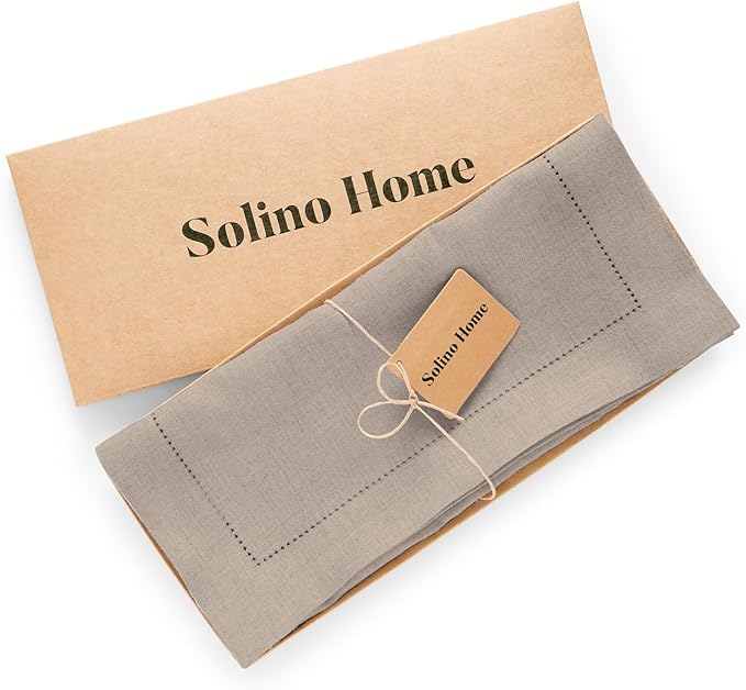 Solino Home Linen Natural Table Runner 72 Inches Long - 100% Pure Linen Medium Weight Hemstitch Table Runner 14 x 72 Inch for Dresser, Dining, Spring, Easter