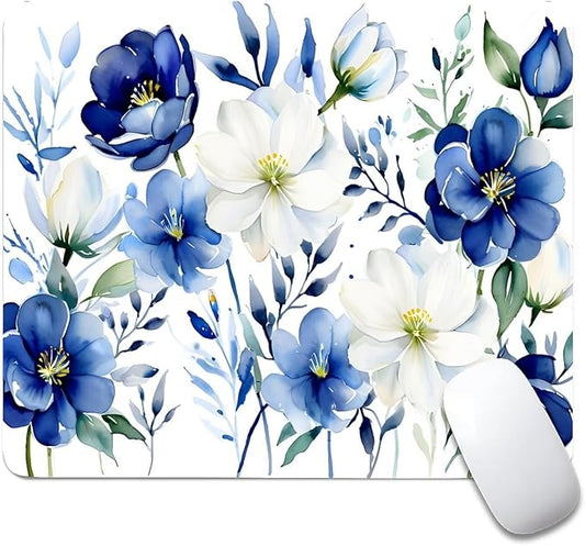 Square Mouse Pad White Blue Flowers 2, Personalized Premium-Textured Custom Mouse Mat Design, Washable Mousepad Cloth, Non-Slip Rubber Base Computer Mouse Pads for Wireless Mouse