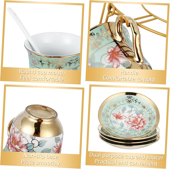 Zhehao 20 Pcs Porcelain Tea Set with Metal Holder and Spoon Adult Ceramic Tea Set European Flower Painting Teapot Cup Saucer Spoon for Women, Large Version(Fresh Style)