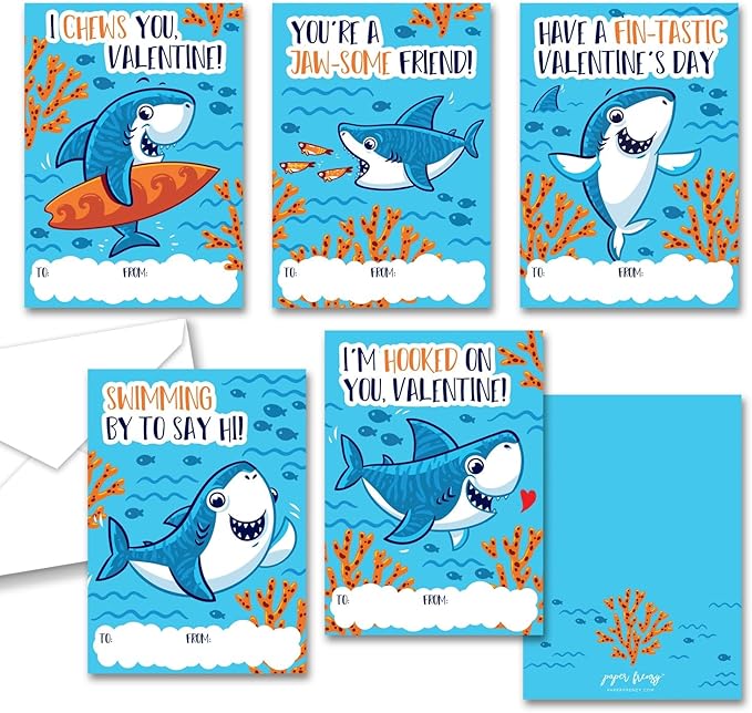 Paper Frenzy Shark Themed Valentines - 25 pack WITH ENVELOPES